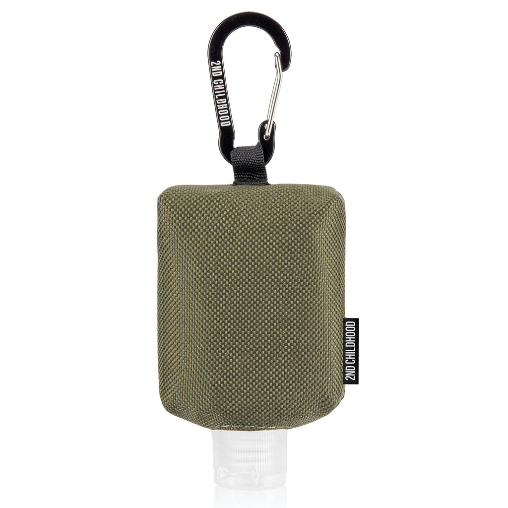 2nd Childhood Hand Sanitizer Holder Bag; Travel Size Empty 2 oz Refillable Bottle; Carabiner Clips on to Backpack or Purse