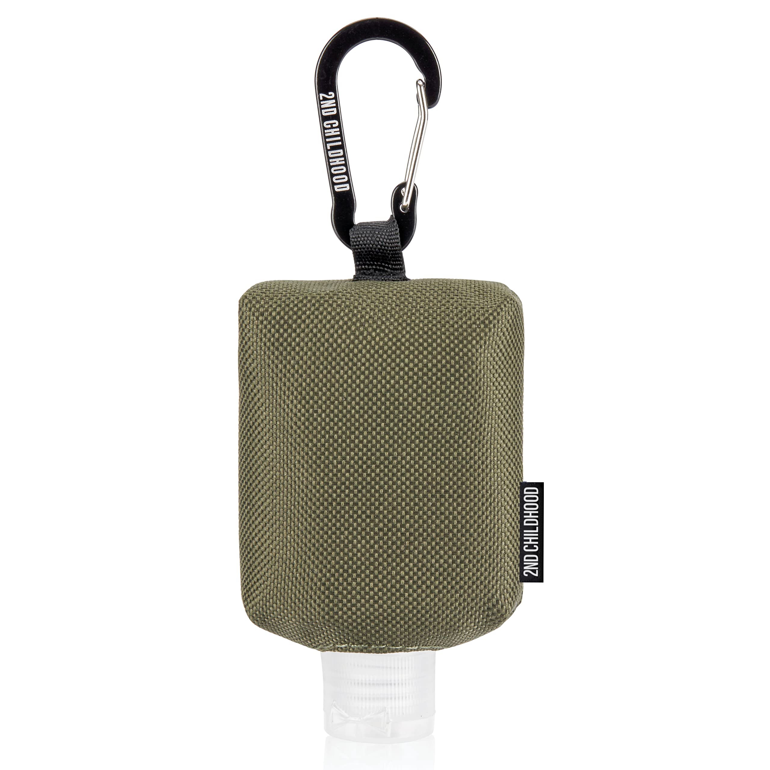 2nd Childhood Hand Sanitizer Holder Bag; Travel Size Empty 2 oz Refillable Bottle; Carabiner Clips on to Backpack or Purse