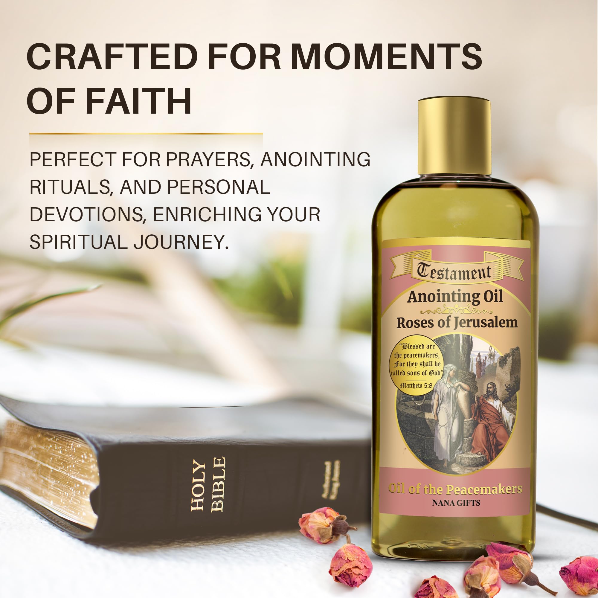 Nana Gifts Testament Anointing Oil, Roses of Jerusalem, Oil of The Peacemakers, Excellent Value Large Bottle Size 8.45 fl.oz | 2