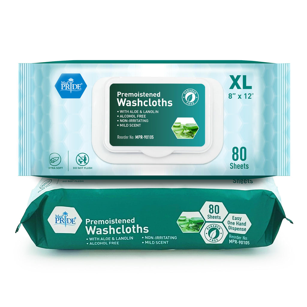 MED PRIDE Disposable XL Premoistened Washcloths 8    x 12    Pack of 80 - Adult Cloth Wipes For Sensitive Skin- Extra Soft Incon
