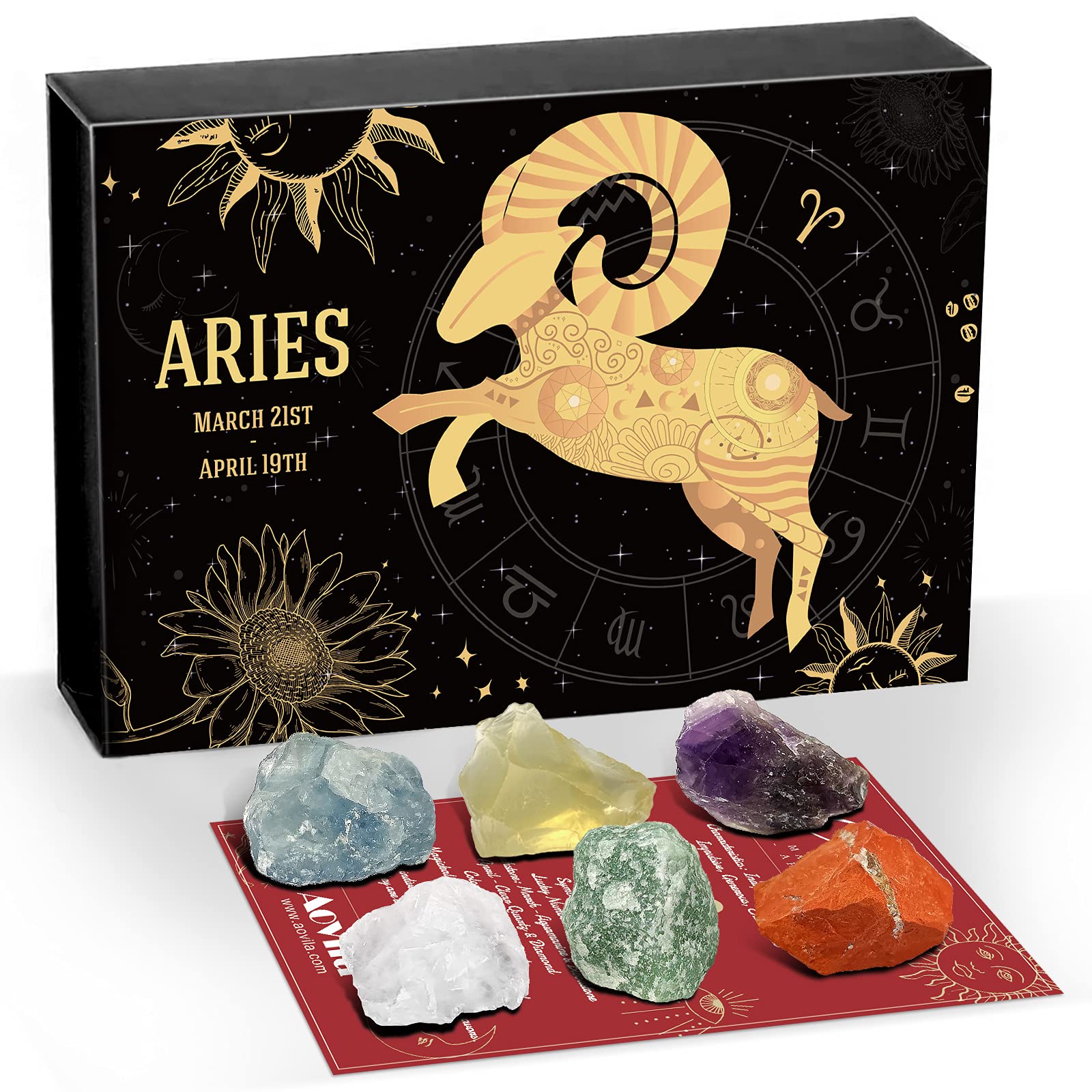 Aries Crystals Gift Set, Zodiac Signs Healing Crystals Birthstones with Horoscope Box Set Aries Astrology Crystals Healing Stone