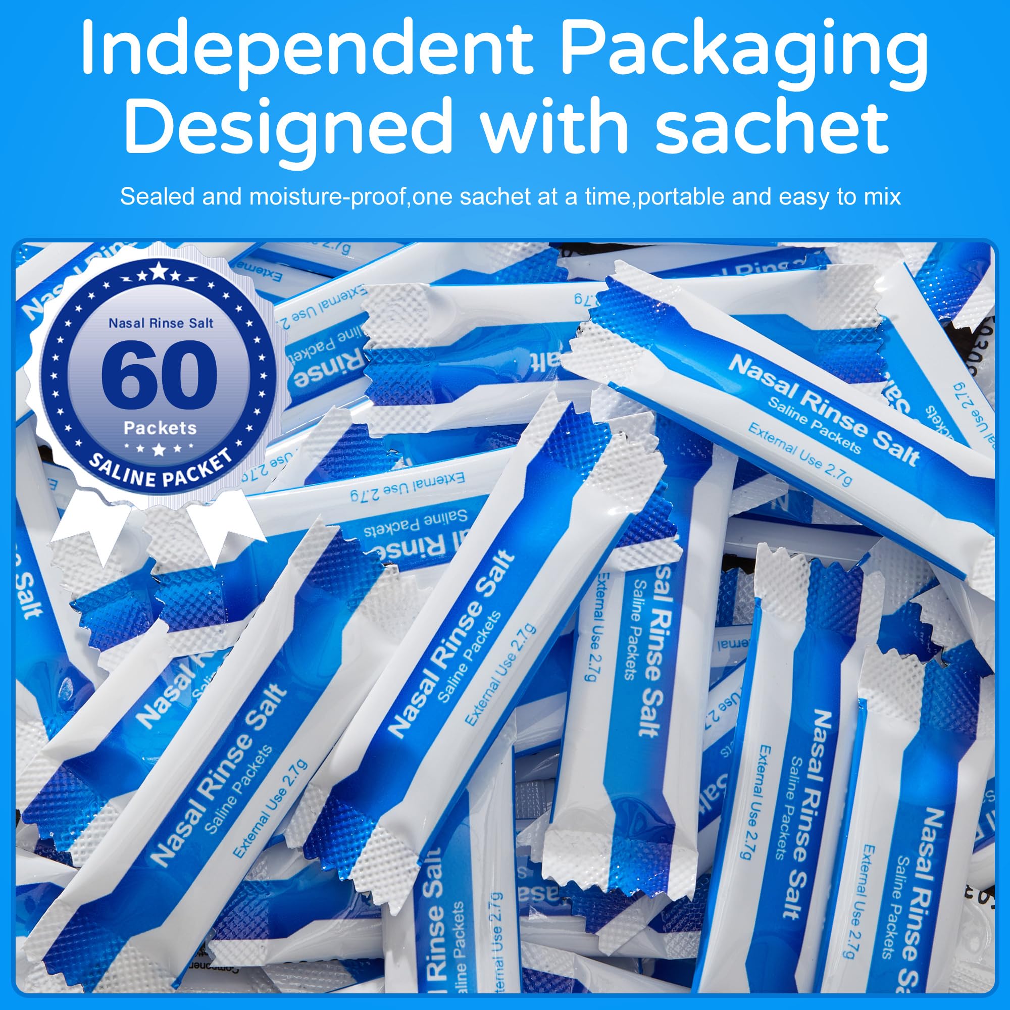 Waterpulse 60 Nasal Rinse Packets,Effective Neti Pot Salt Packets,Nasal Rinse Salt Packets Individually Wrapped - Convenient Sol