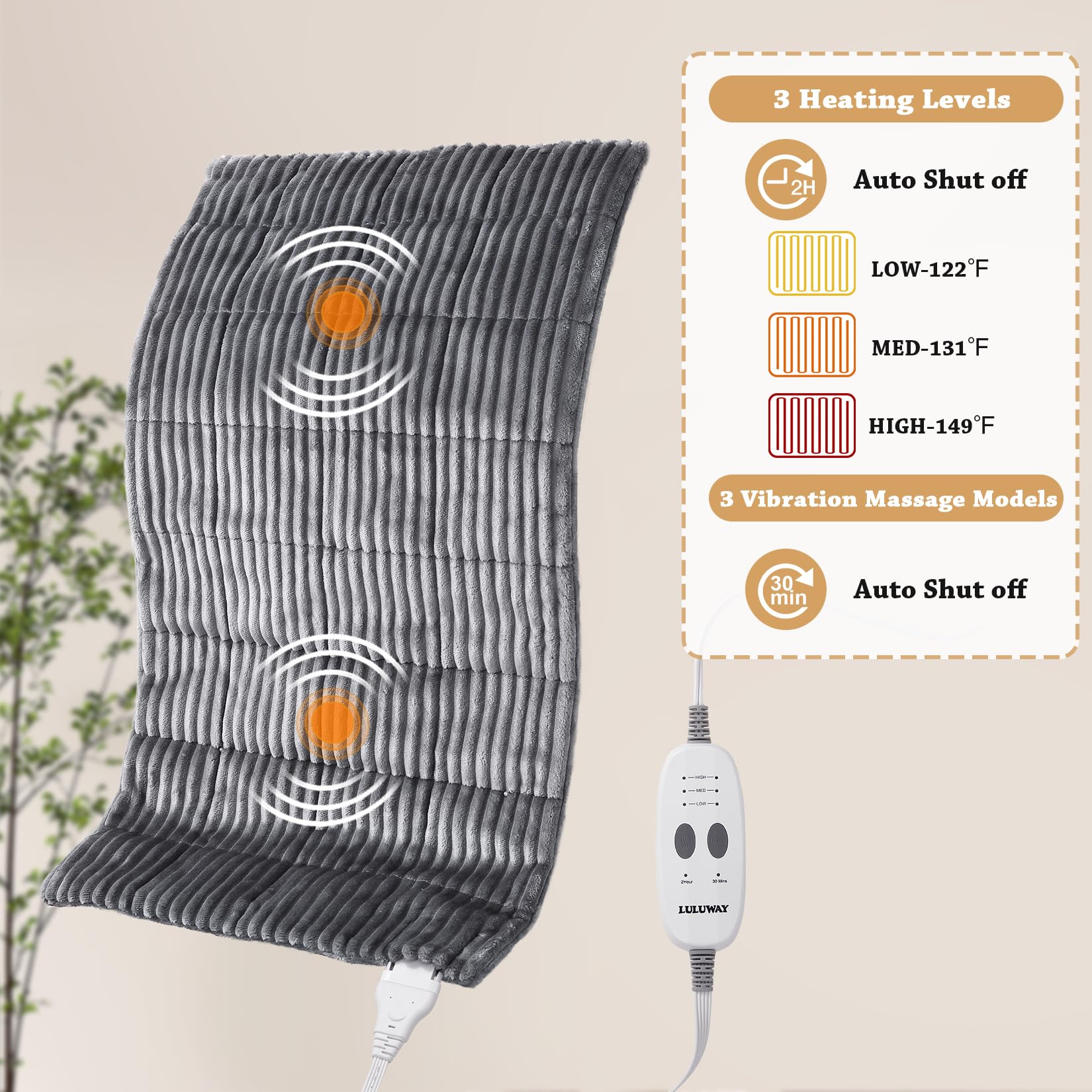 Weighted Heating Pad with Massager Electric Heating Pad for Back with Massaging Vibration, 3 Heating Levels & 3 Massage Types, X