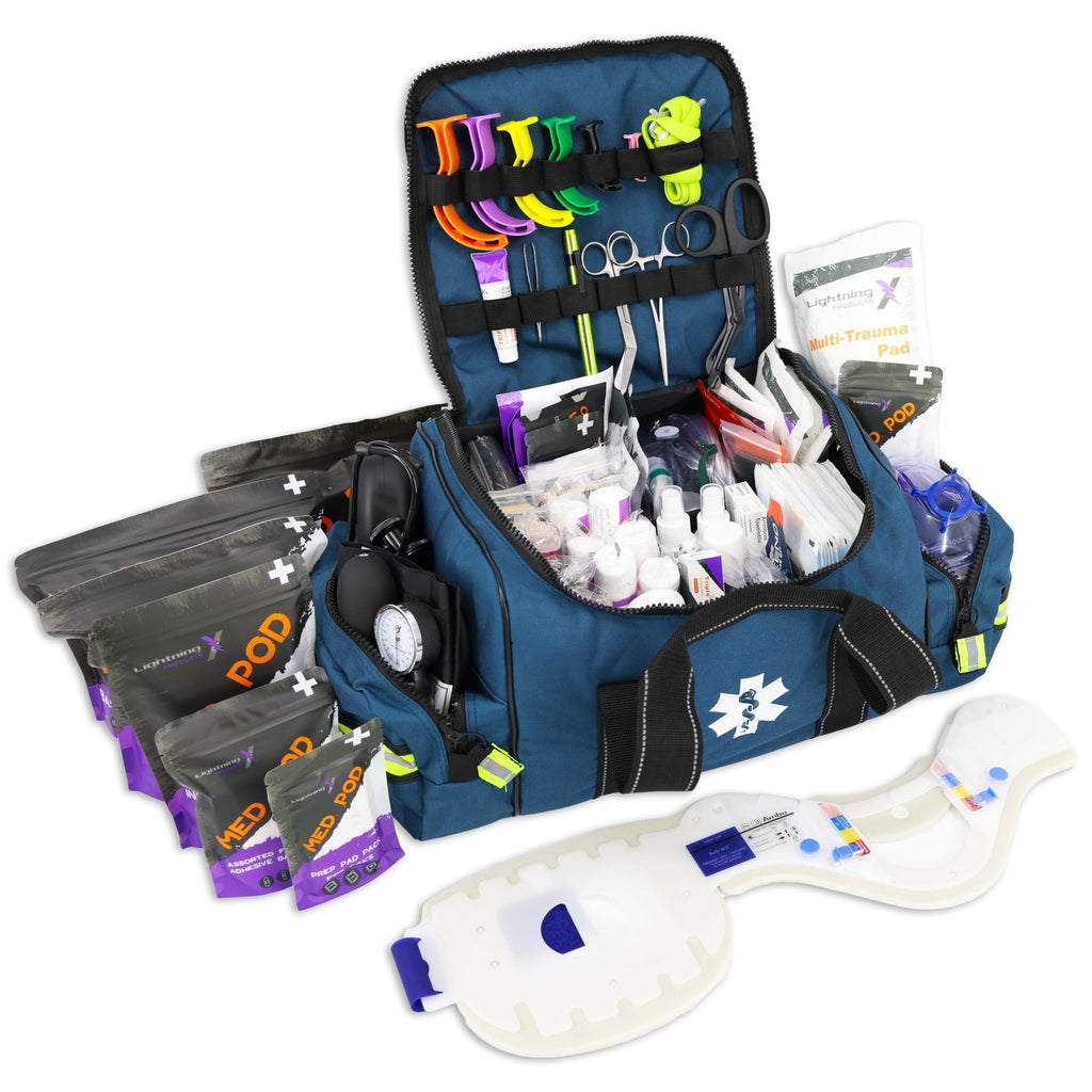 Lightning X Pre-Stocked EMS/EMT Trauma Kit w/Large First Responder Bag & 256 First Aid Medical Supplies - Blue