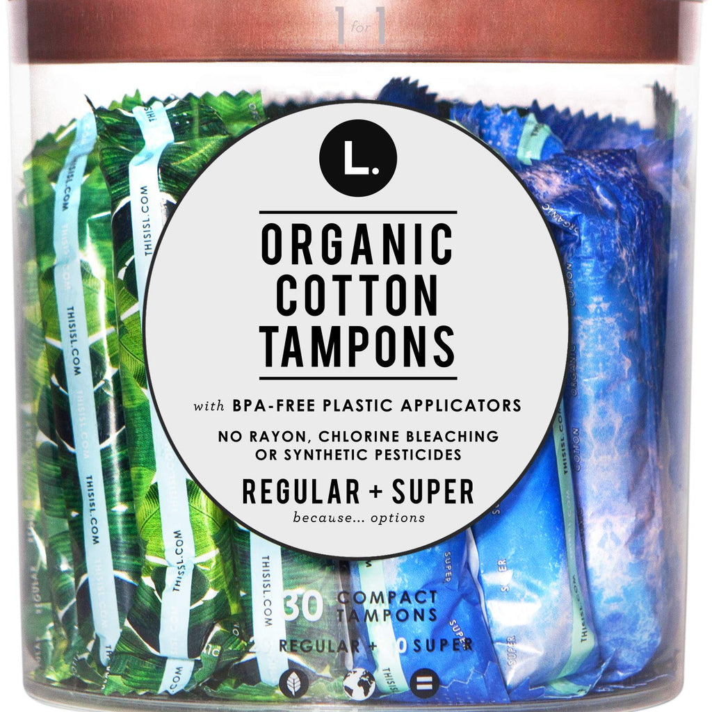 L. Organic Cotton Regular and Super Absorbency Compact Tampons Multipack 30 Count