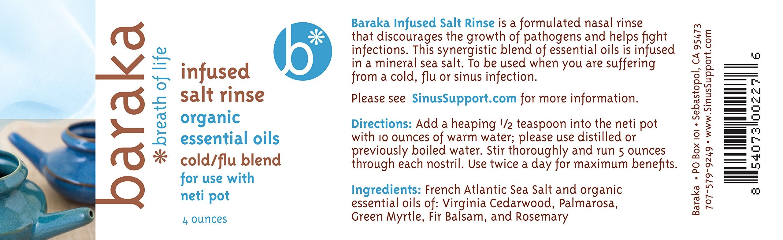 Baraka Infused Sea Salt - Neti Pot Salt for Sinus Rinse & Nose Cleaner, Essential Oil Infused Neti Salt, Nasal Salt w/Virginia C
