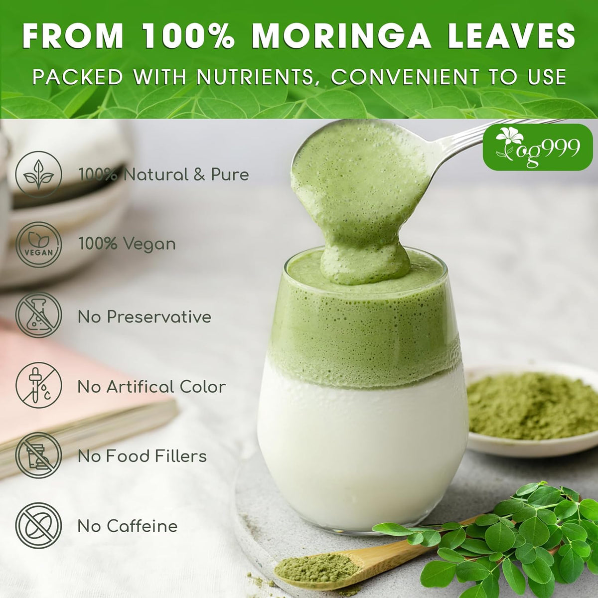 Premium Moringa Leaf Powder, 100% Natural and Pure from Moringa Leaves, No Additives, No Gluten, No Sugar, Vegan