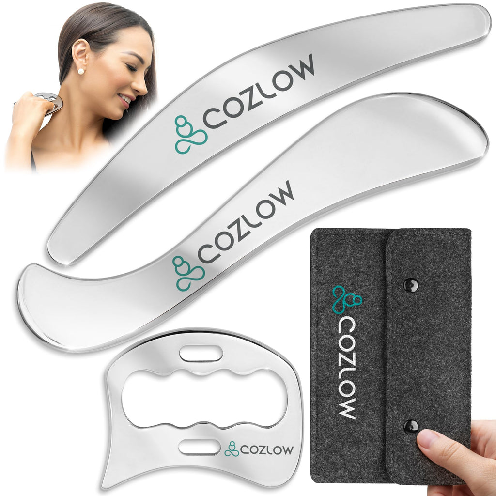 COZLOW 3-in-1 Stainless Steel Muscle Scraper Tool Set for IASTM Therapy - Skin Scraping Massage Tools for Soft Tissue Mobilizati