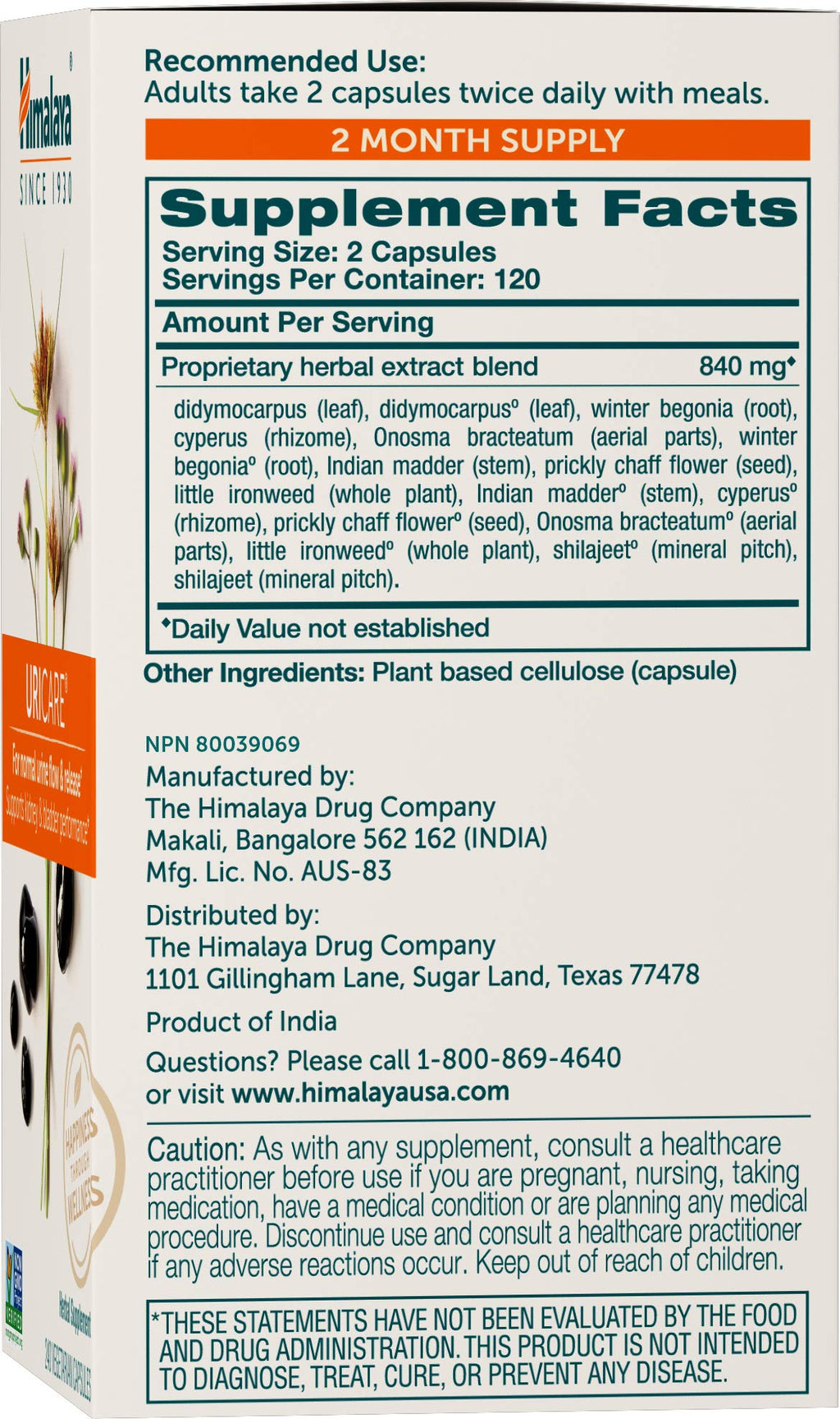 Himalaya UriCare Herbal Supplement, Kidney & Bladder Support, Urinary Tract & Urine Flow Support, Caffeine Free, Non-GMO, Gluten