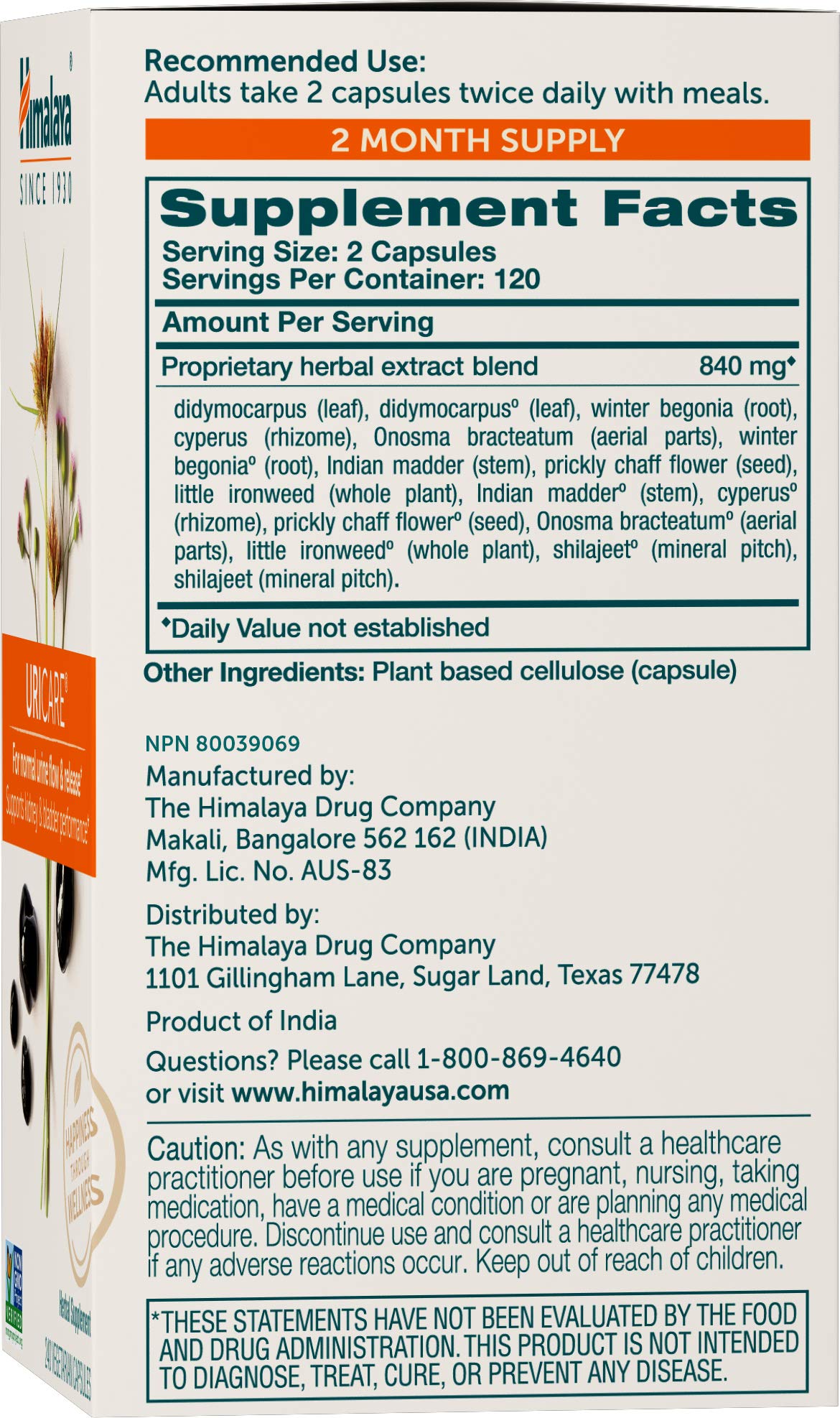 Himalaya UriCare Herbal Supplement, Kidney & Bladder Support, Urinary Tract & Urine Flow Support, Caffeine Free, Non-GMO, Gluten