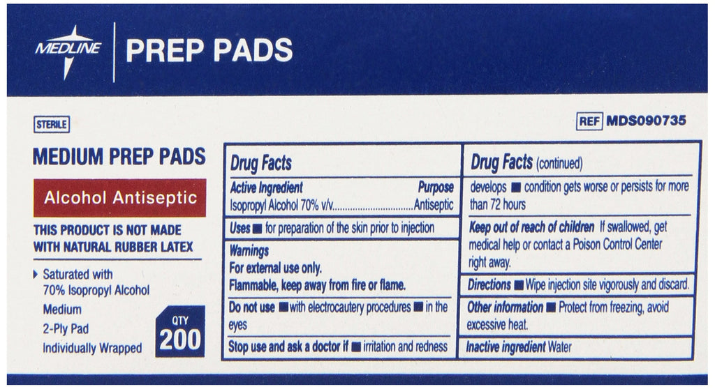 Medline Isopropyl Alcohol Pads, Sterile, Medium, Box of 200