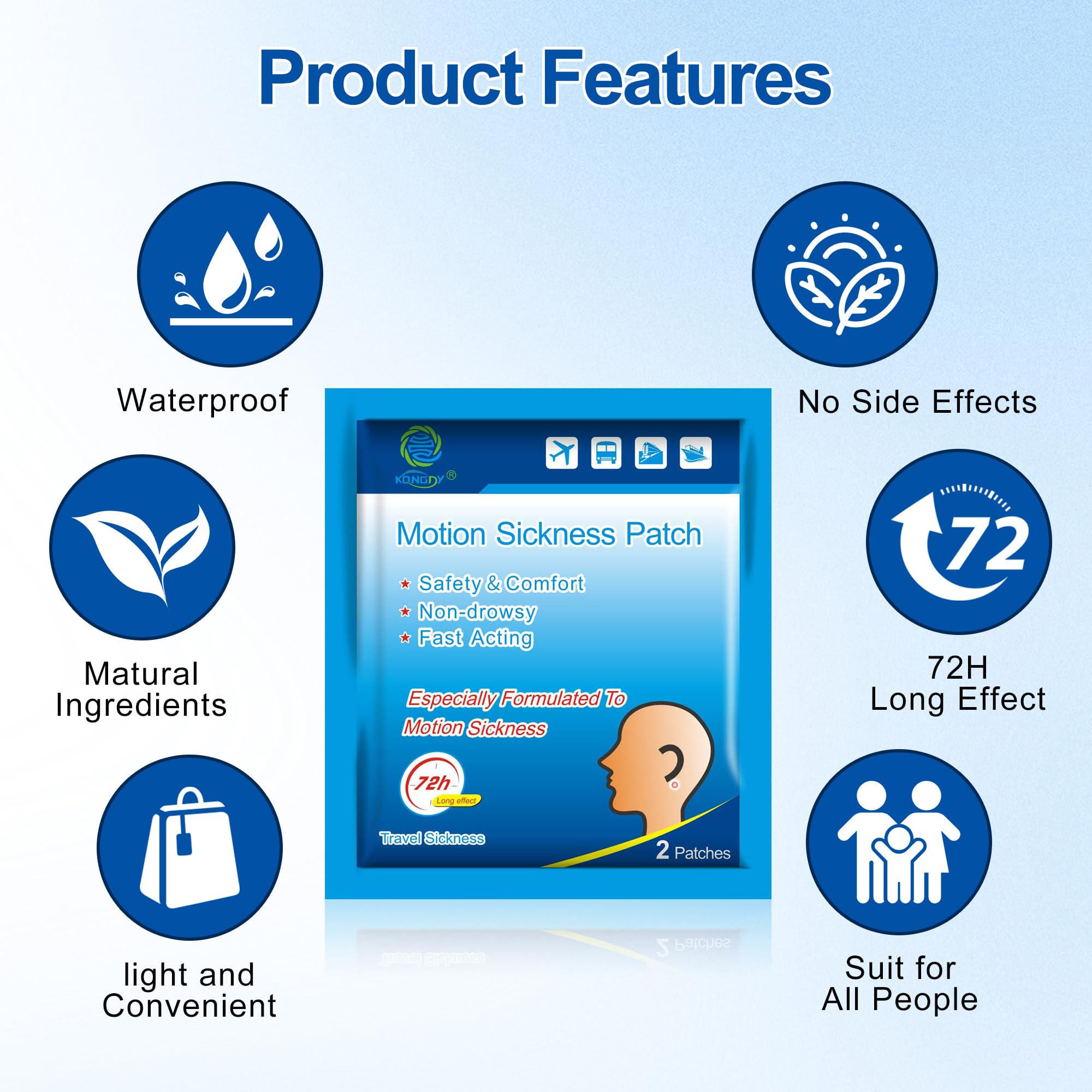 KONGDY 60 Counts Motion Sickness Patches for Kids/Adults, Seasick Patches for Cruise with Waterproof and Non Drowsy, Sea Sicknes