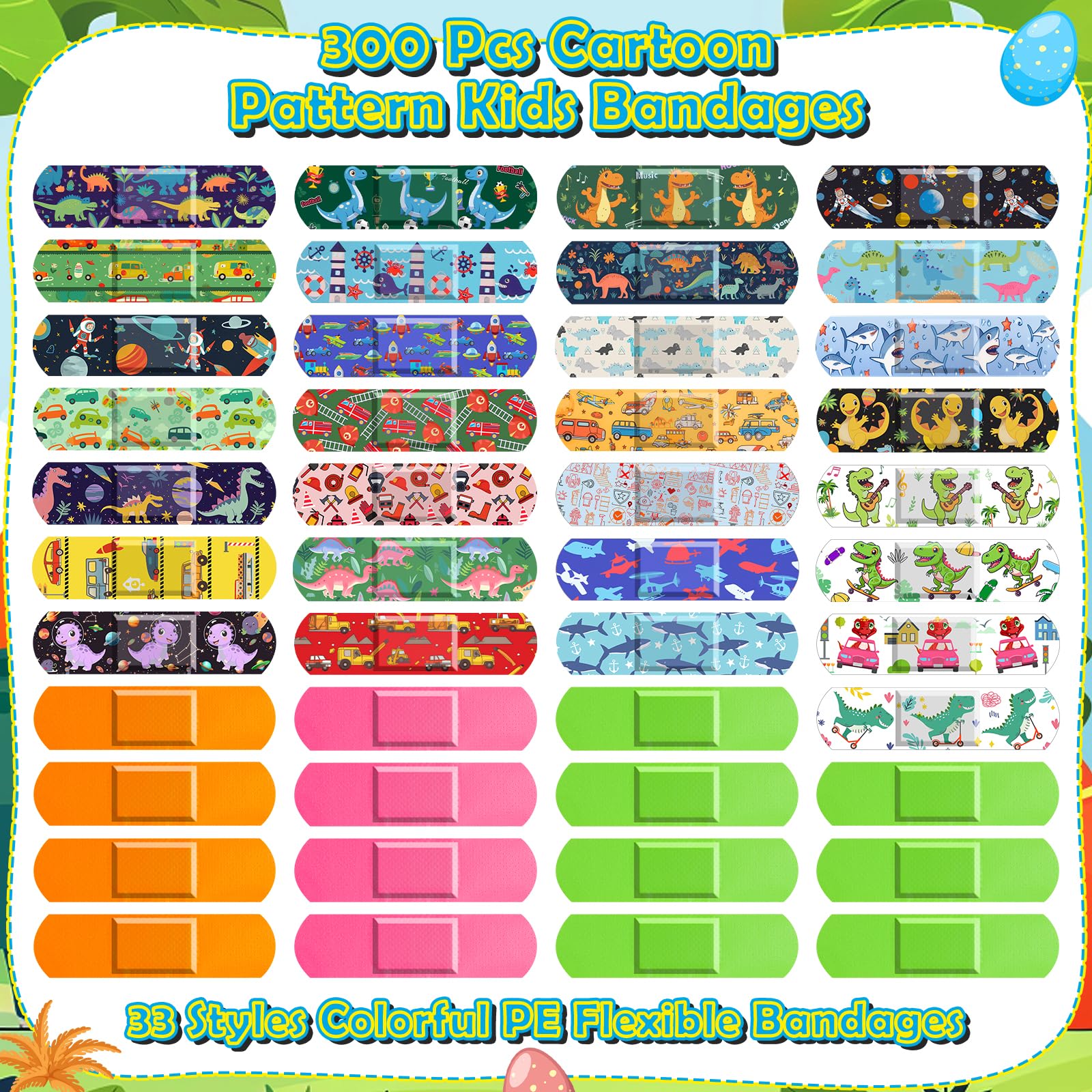 Sublaga 300 Pcs Adhesive Bandages, 33 Styles Kids Cartoon Bandages, Flexible, Colorful, Waterproof, Breathable, Protect Scrapes