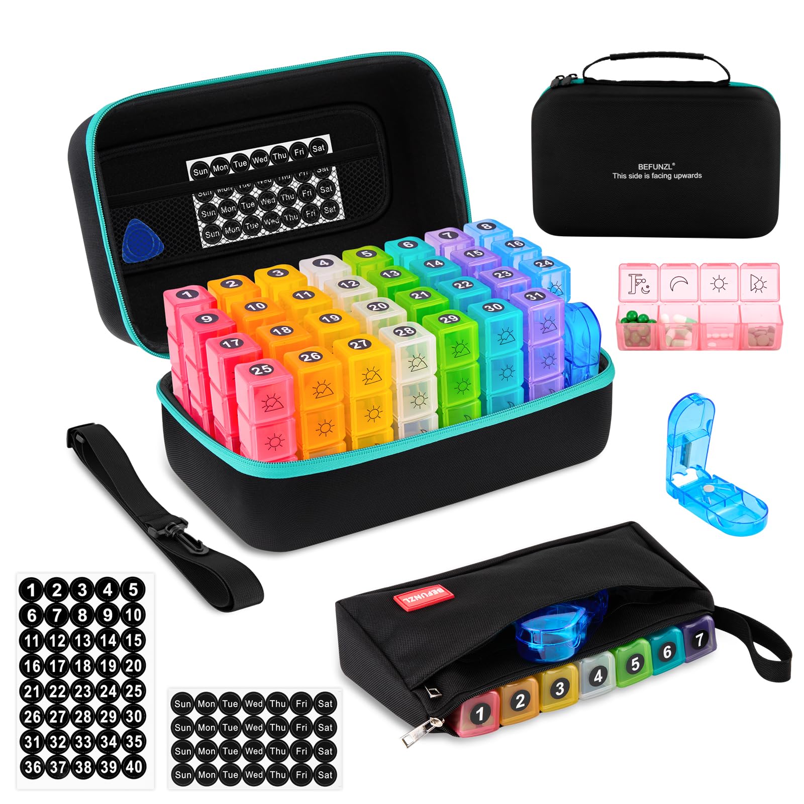 BEFUNZL Monthly Pill Organizer, Medicine Organizer Box with Portable Hard Shell and Pill Cutter, 31 Day Pill Holder with Weekly 