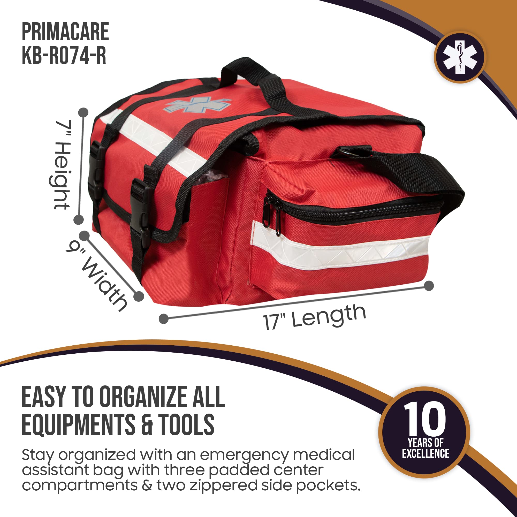 PrimaCare KB-RO74-R First Responder Bag for Trauma, 17 x 9 x 7, Red