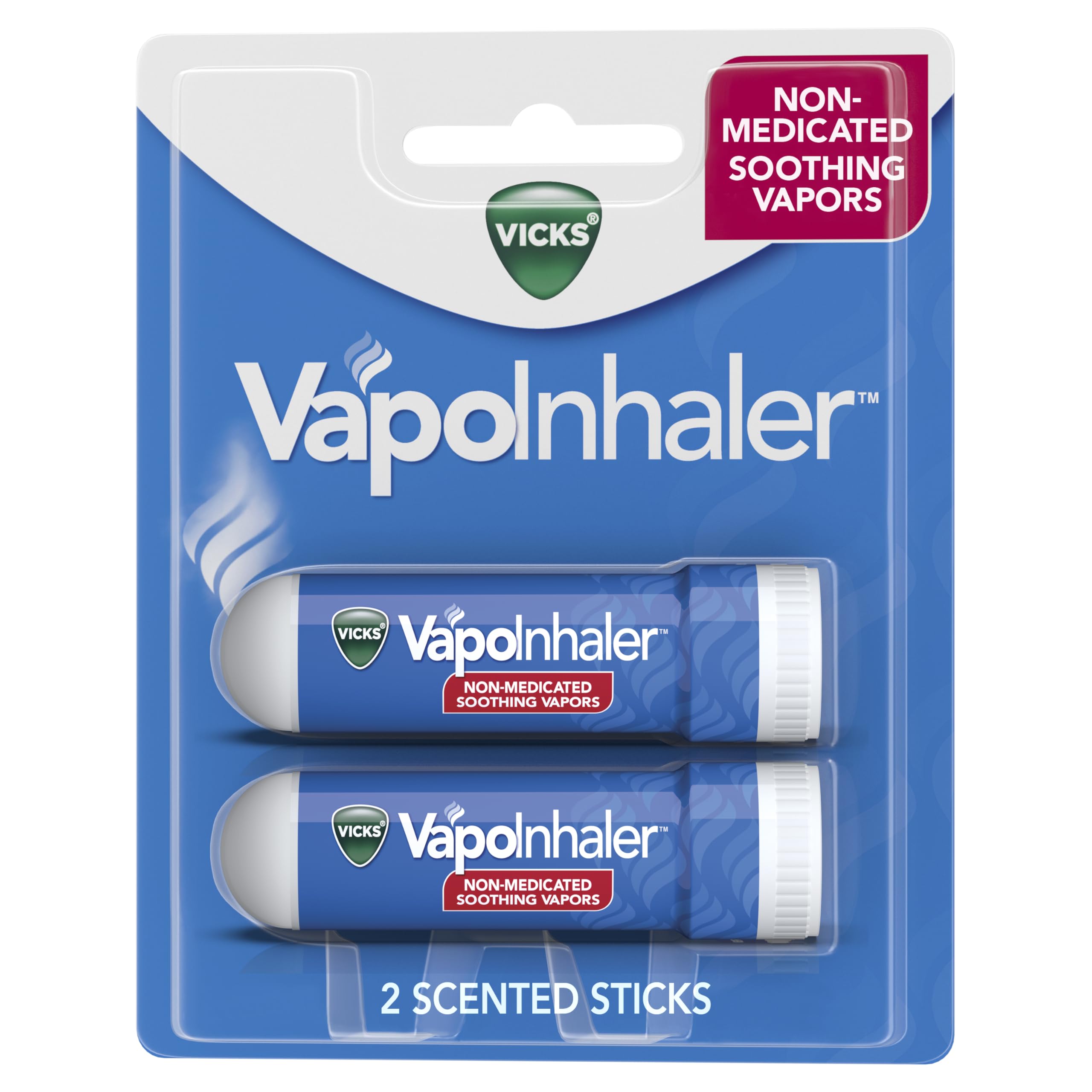 Vicks VapoInhaler, On-the-Go Portable Nasal Inhaler, Non-Medicated, With Refreshing Vicks Vapors, Menthol Scent , 2 Scented Stic