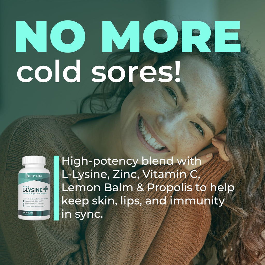 NATURALABS L-Lysine + Cold Sore Immune Support Supplement - with Vitamin C, Zinc, Bee Propolis, Lemon Balm & 9-in-1 Herbal Compl