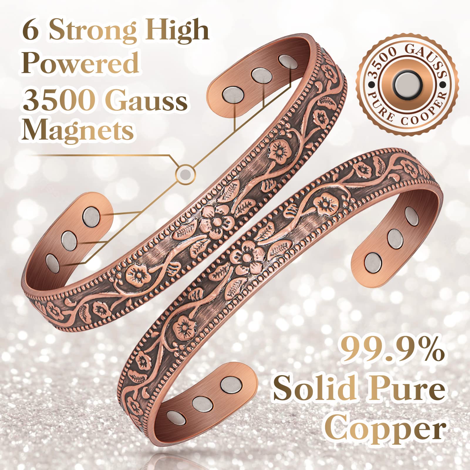 Magnetic Lymph Detox Bracelet: Copper Bracelet for Women Men, 100% Pure Copper Bracelet with 6 Magnets 3500 Gauss - Jewelry Gift
