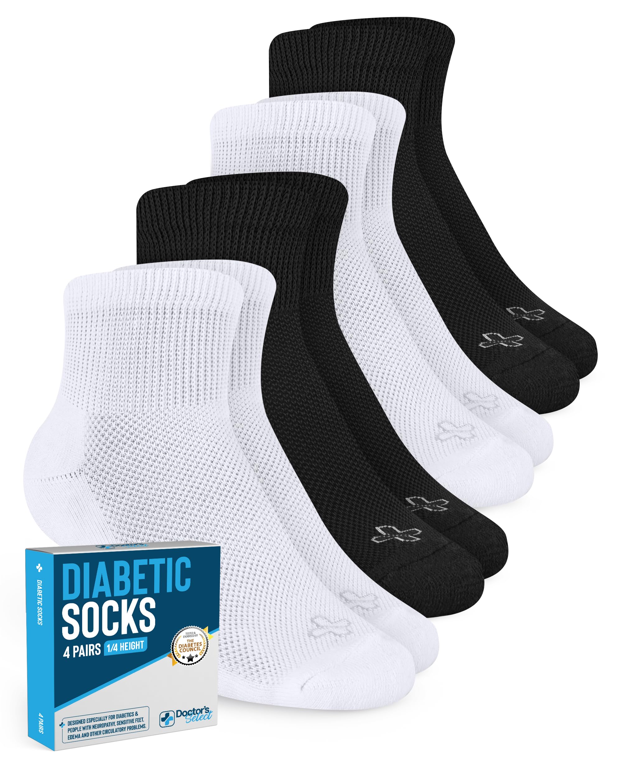 Doctor's Select Ankle Diabetic Socks for Women and Men - 4 Pairs | Black, White | Moisture Wicking | Size 6-9 | 9-12