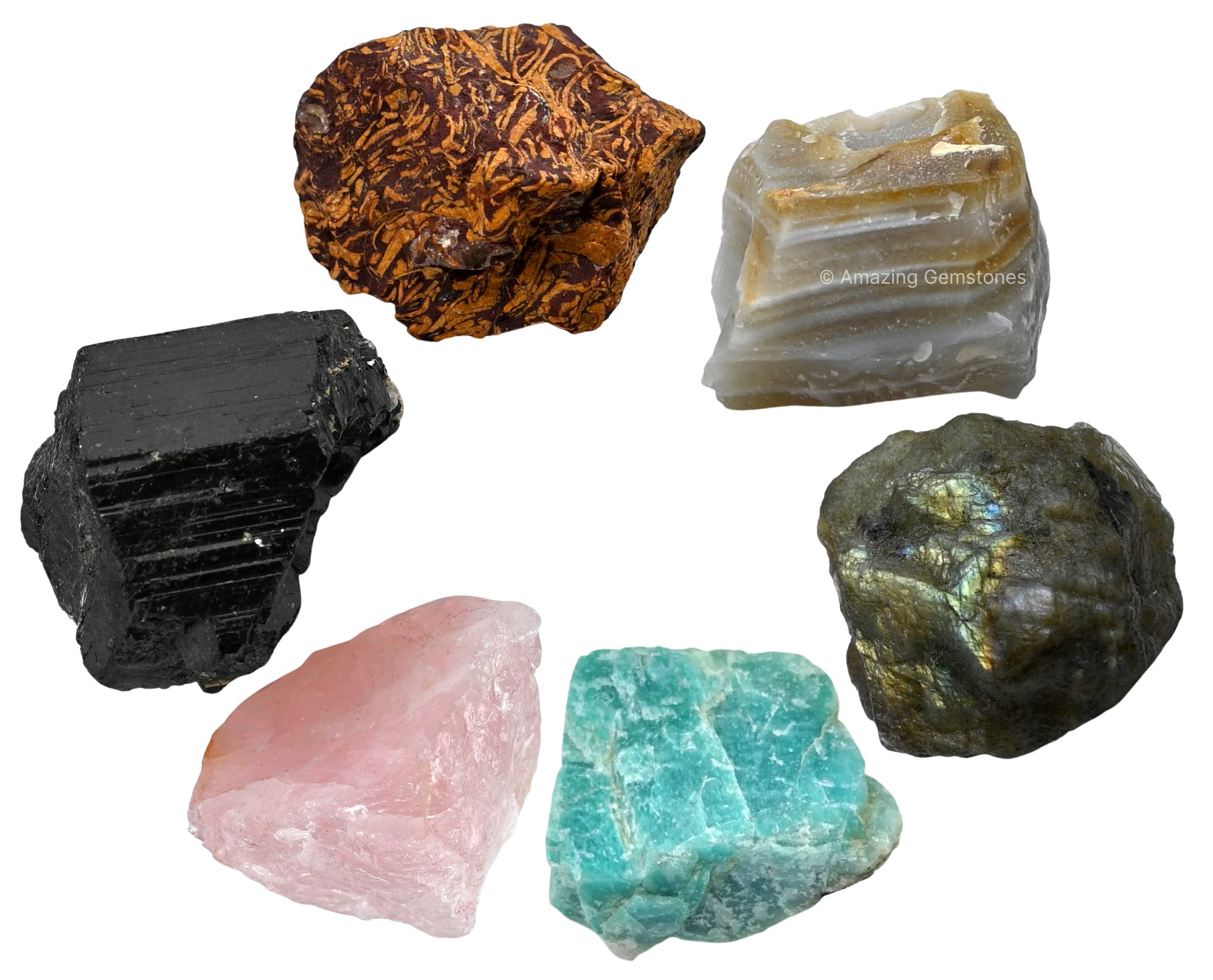 Crystals for Mood Lifting Manifestation, Set of 6 Labradorite, Amazonite, Mariyam Jasper, Rose Quartz, Black Tourmaline and Lace