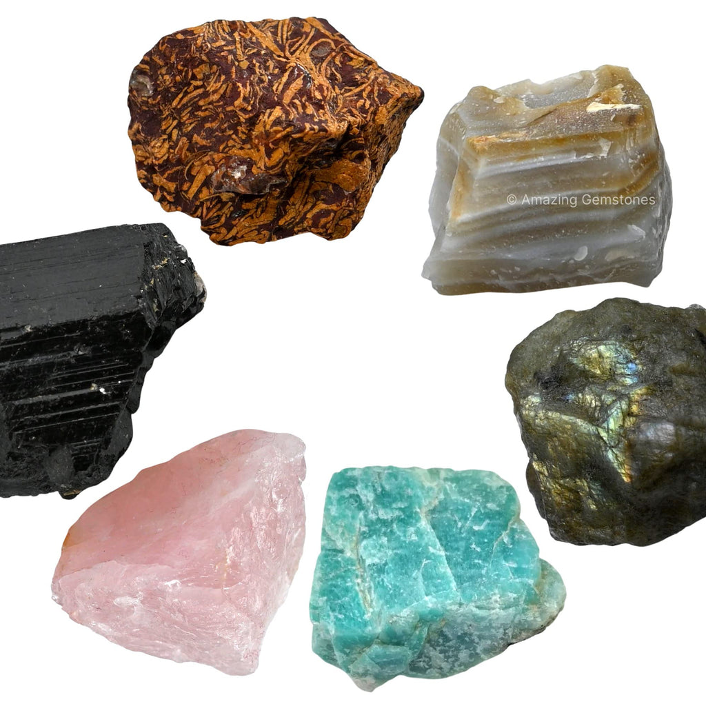 Crystals for Mood Lifting Manifestation, Set of 6 Labradorite, Amazonite, Mariyam Jasper, Rose Quartz, Black Tourmaline and Lace