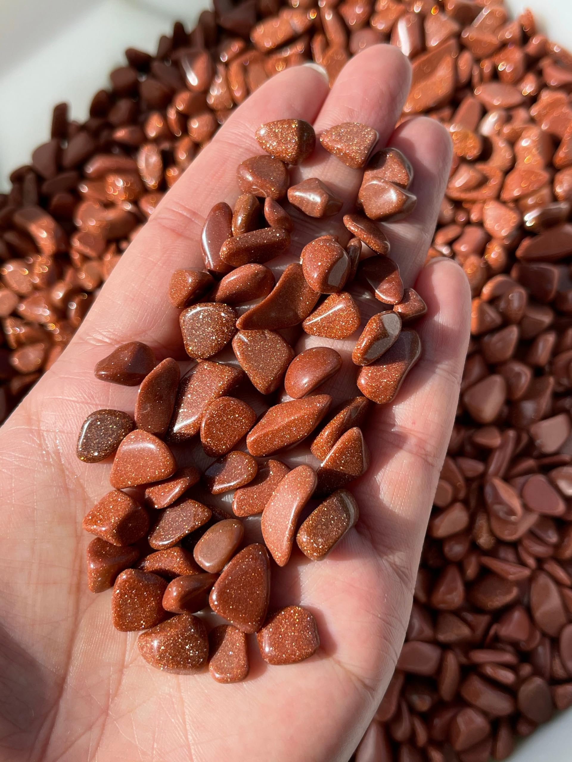 GAF TREASURES 2 oz Lot Semi Tumbled Gemstone Chips, Crushed Mini Crystals, Undrilled Crystal Chips (Red Goldstone)
