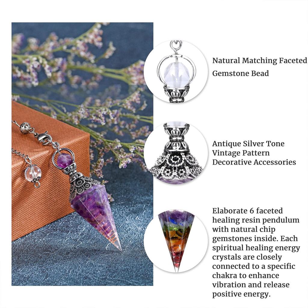 GEHECRST Natural Amethyst Healing Crystal Dowsing Pendulum Reiki Gemstone Chips Orgone Pendulum 6 Faceted Hexagonal Pointed Resi