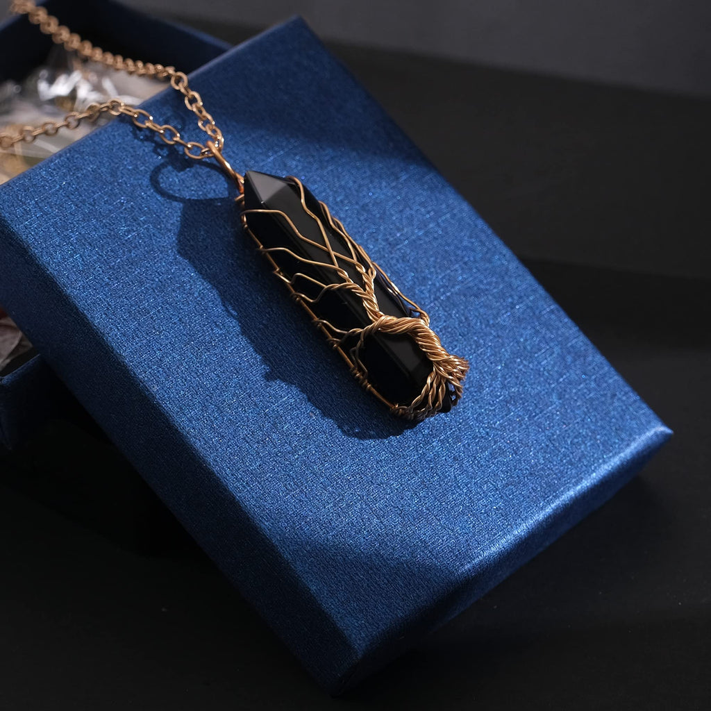 VIBILIA Healing Crystal Necklace Tree of Life Wire Wrapped Black Stone Point Pendant Necklace Hexagonal Reiki Spiritual Jewelry