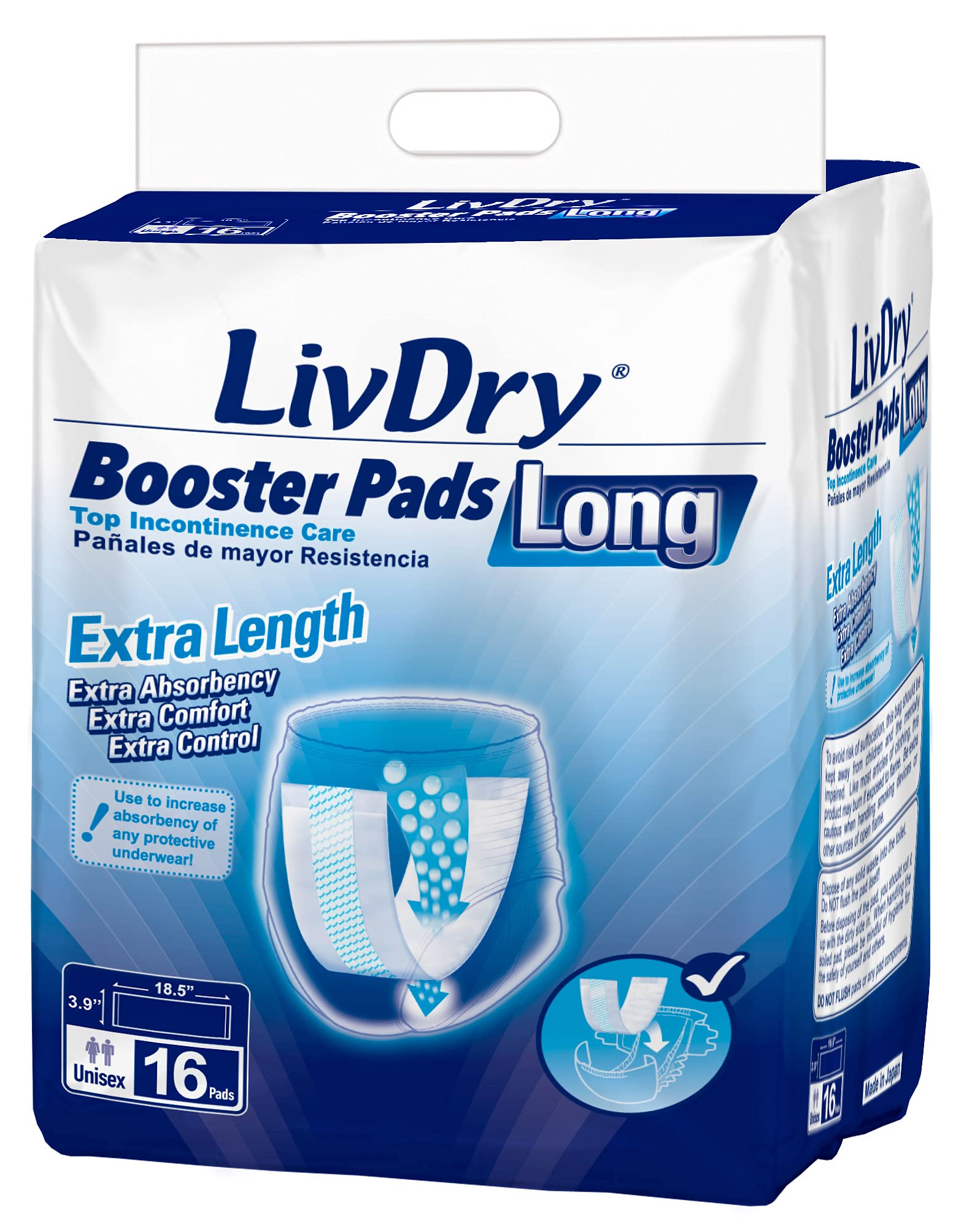LivDry Incontinence Booster Pads, Use with Adult Diapers for Women and Men, Extra Comfort Softness, Disposable Pad (16 Count, Lo