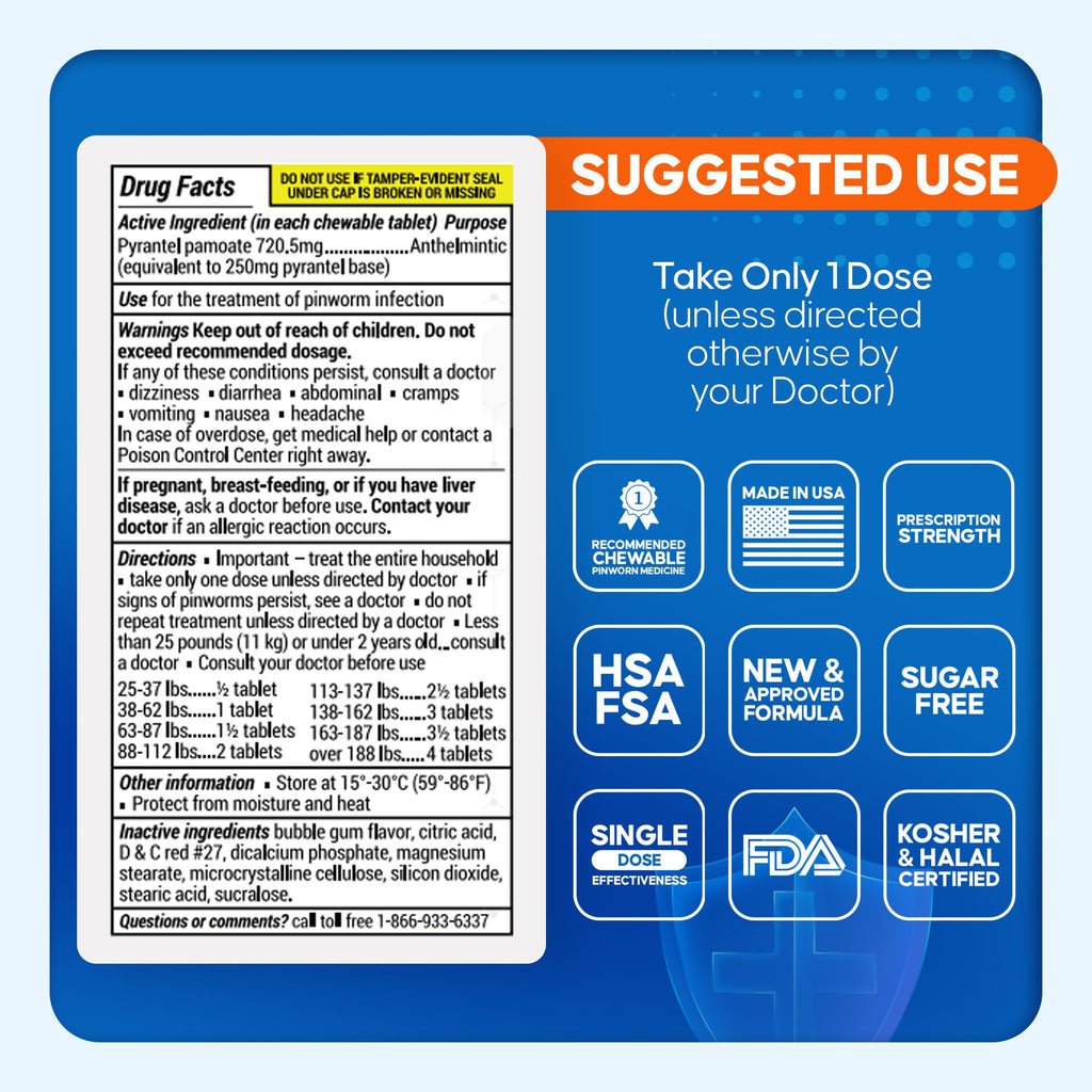 PinRid Pyrantel Pamoate Dewormer for Humans - 250mg, Pinworm Medicine for Adults & Kids, Fast Acting Human Dewormer Treatment fo
