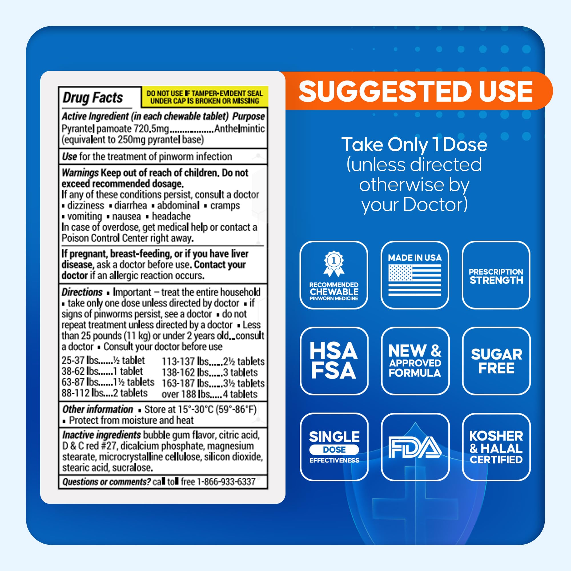 PinRid Pyrantel Pamoate Dewormer for Humans - 250mg, Pinworm Medicine for Adults & Kids, Fast Acting Human Dewormer Treatment fo