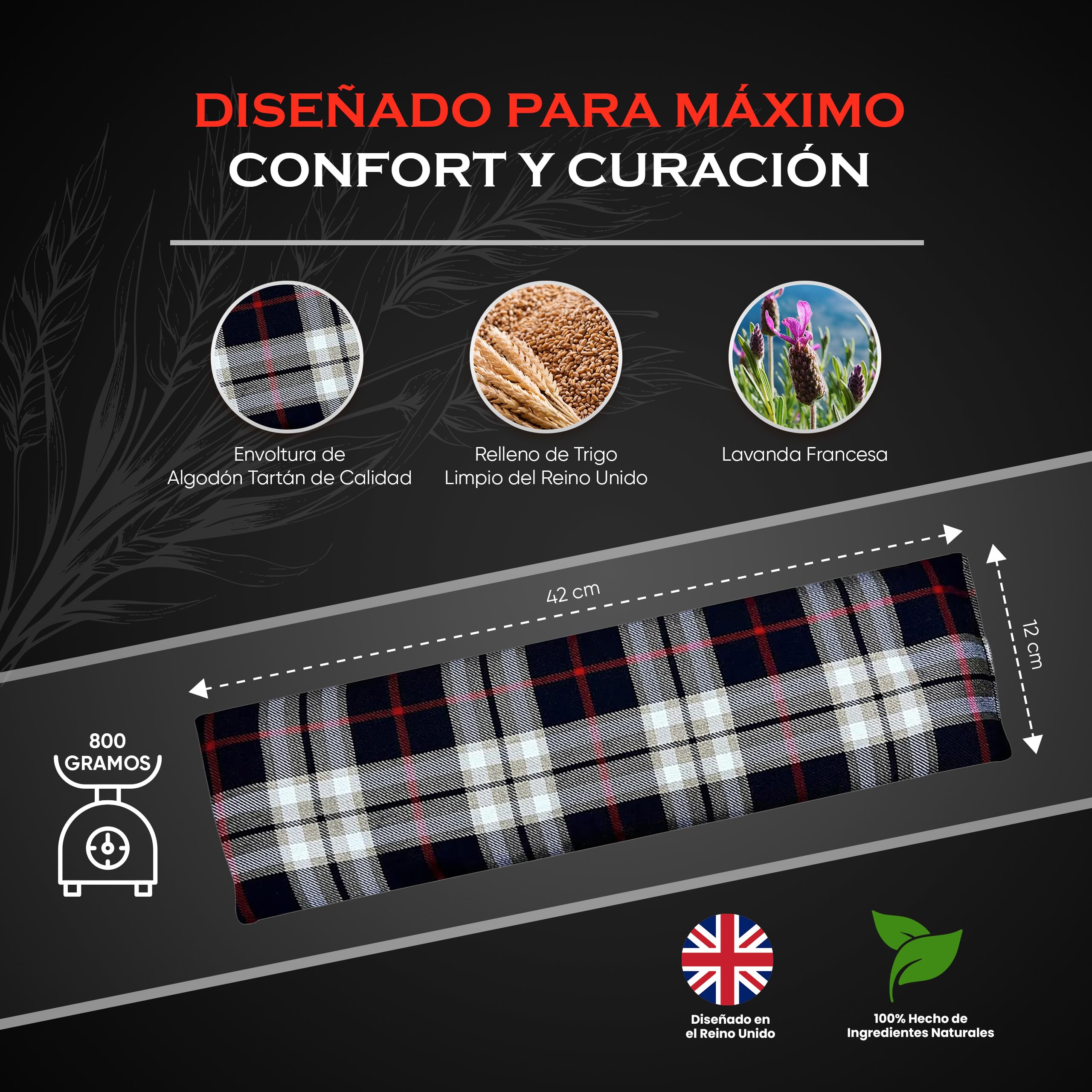 Heat Cushion Neck & Shoulders - Microwave Heat Pad with Elastic Strap - Tartan Cotton Fabric & UK Wheat Heat Bag by Kalore, Blac