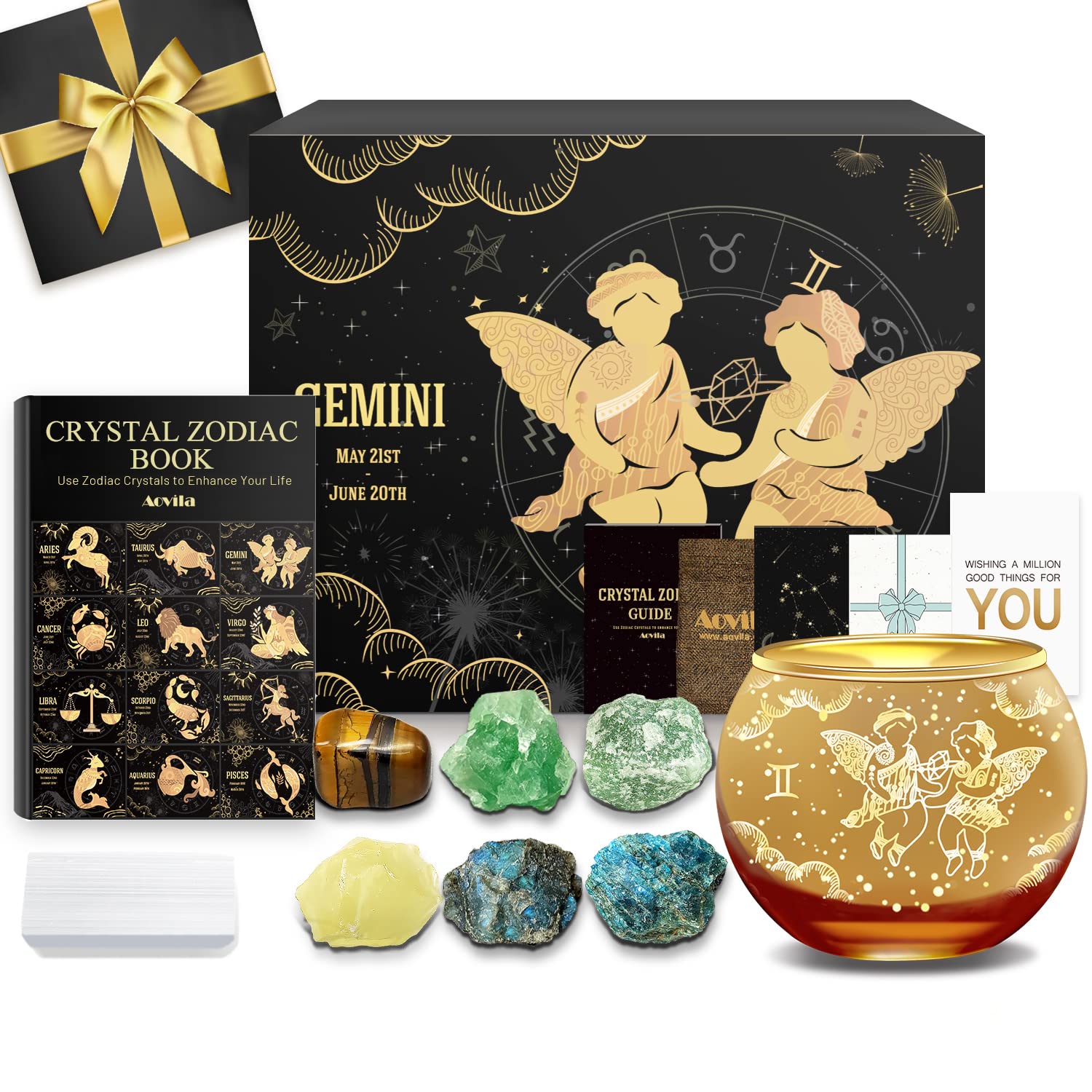Aovila Gemini Birthday Gifts for Women - Gemini Candle Holder Crystals Birthstones Box Set - Zodiac Astrology Horoscope Gifts fo