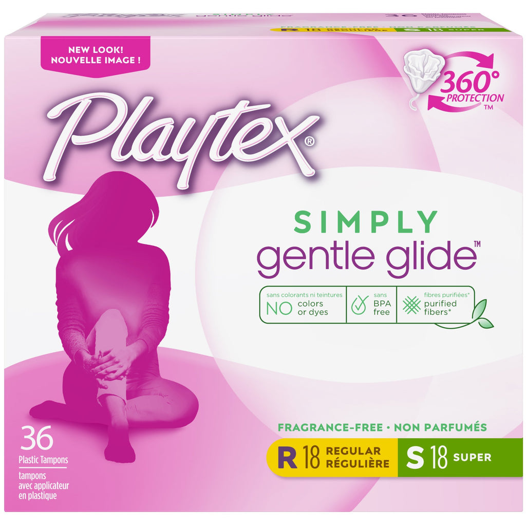 Playtex Simply Gentle Glide Tampons, Multipack (18ct Regular/18ct Super Absorbency), Fragrance-Free - 36ct