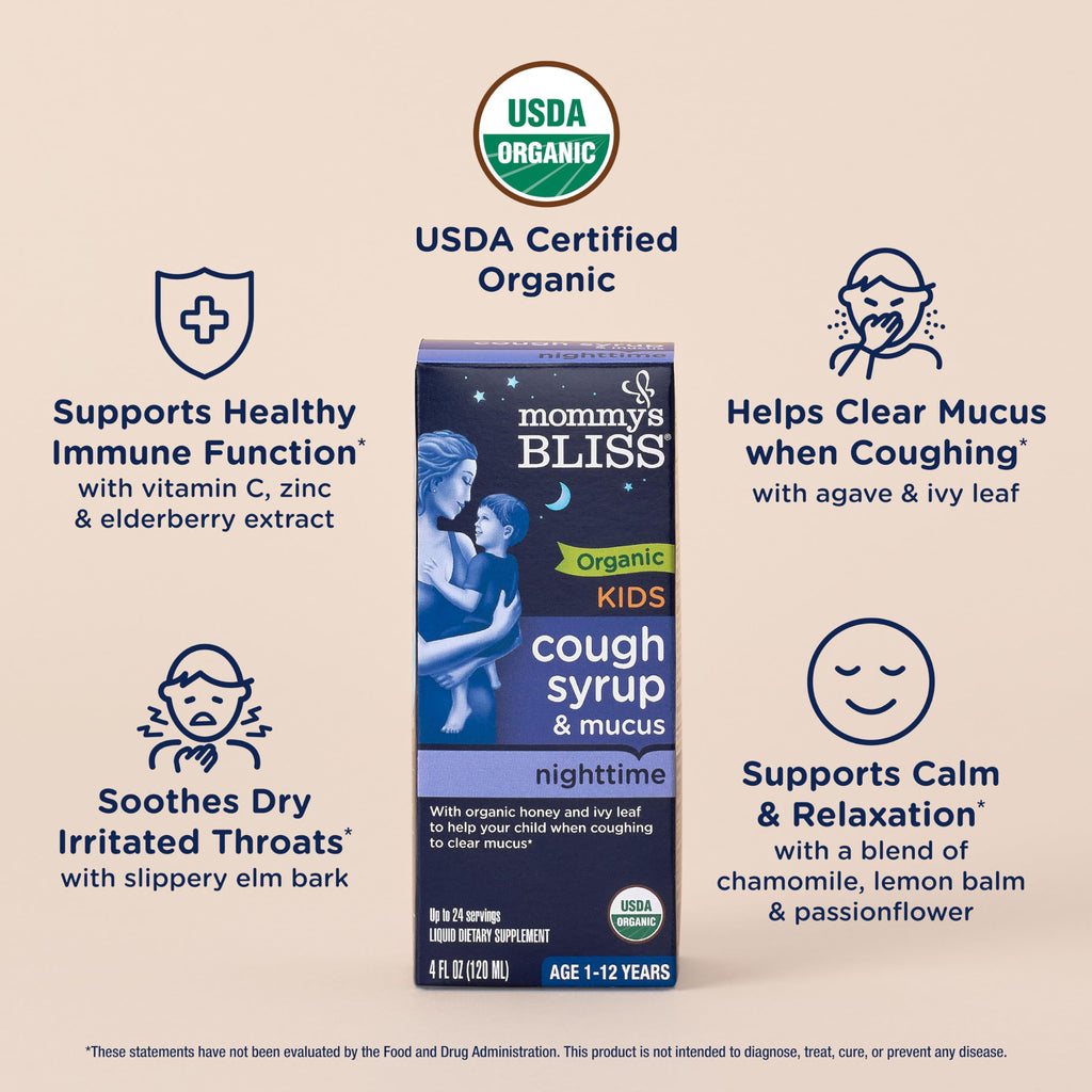Mommys Bliss Organic Kids Cough Syrup & Mucus Relief for Night Time, Agave & Honey, Ivy Leaf, Zinc, Vitamin C, +Herbal Nighttim
