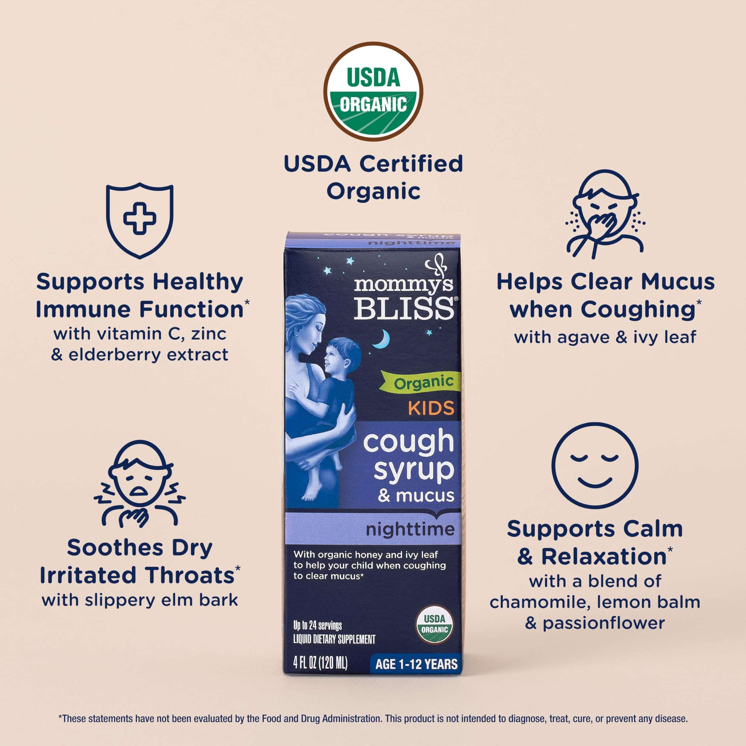 Mommys Bliss Organic Kids Cough Syrup & Mucus Relief for Night Time, Agave & Honey, Ivy Leaf, Zinc, Vitamin C, +Herbal Nighttim