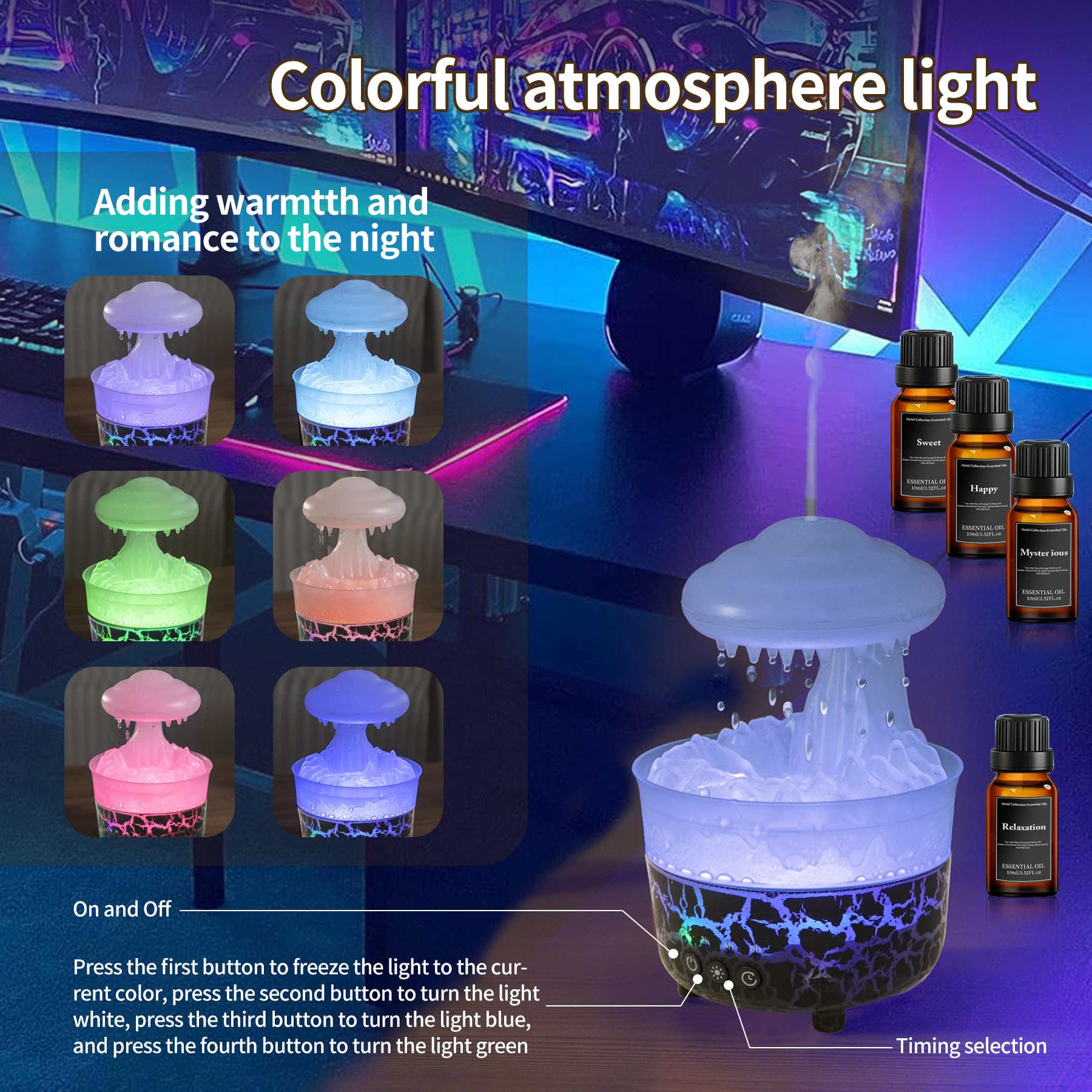 BOHOFAM Aroma Essential Oil Diffuser,Rain Cloud humidifier Simultaneously Water Drip and Air Mist,Rain Diffuser with 4 Hotel Col