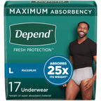 Depend Fresh Protection Adult Incontinence Underwear for Men, Disposable, Maximum, Large, Grey, 17 Count, Packaging May Vary