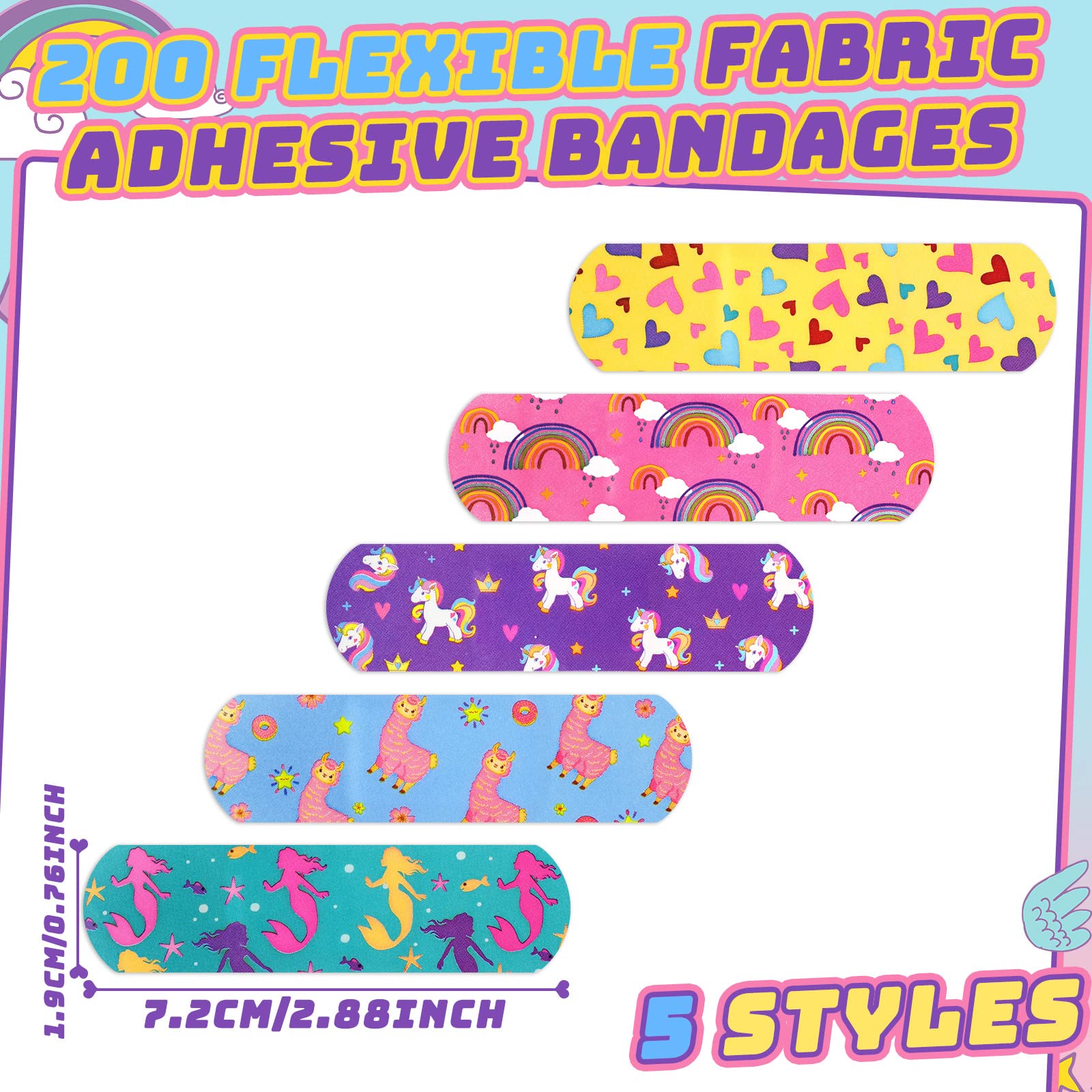 Tondiamo 200 Pieces 5 Styles Cartoon Bandages for Kids Flexible Adhesive Colorful Strips Waterproof Cute Bandages for Girls Repa