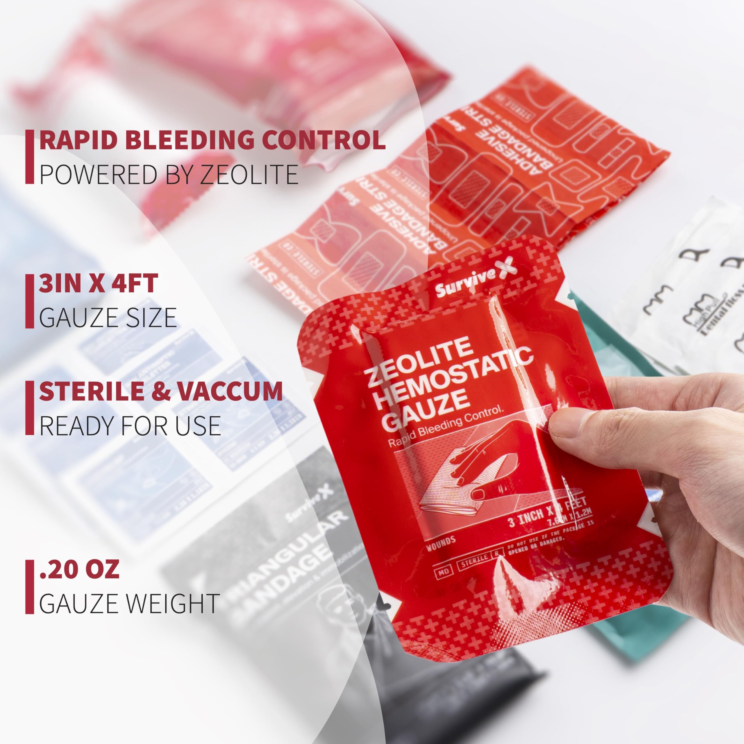Survivex Hemostatic Gauze - Quick Blood Clotting Gauze for Wounds - Trauma Kit Hemostatic Dressing - 3 in x 4 FT - 5 PCS