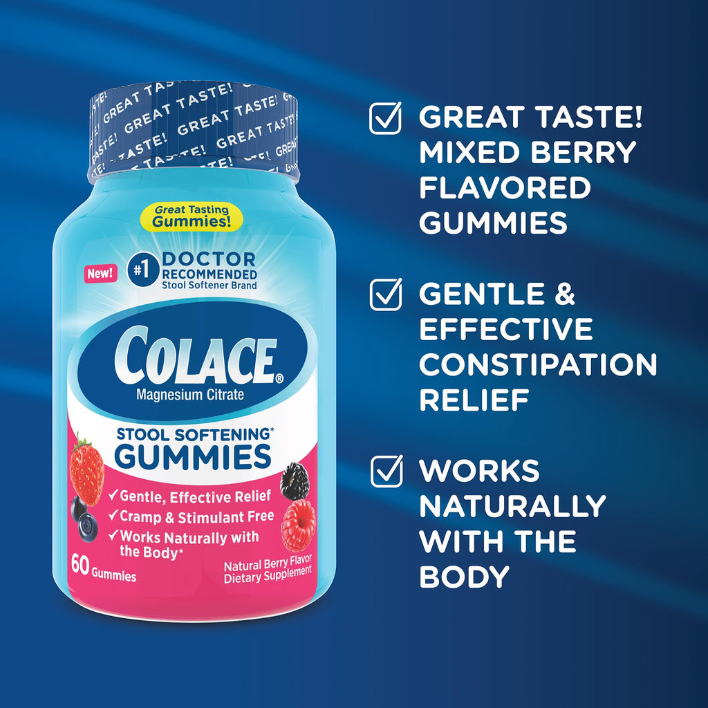Colace Stool Softener Gummies, Gentle Dependable Constipation Relief Magnesium Citrate Gummies, No.1 Doctor Recommended Stool So