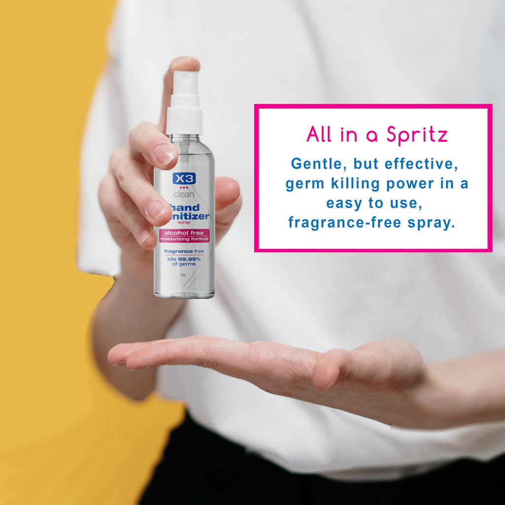 X3 Clean Hand Sanitizer Spray, Alcohol Free, Fragrance Free, Kills 99.9% of Bacteria, Travel Size 2 oz (Pack of 4)