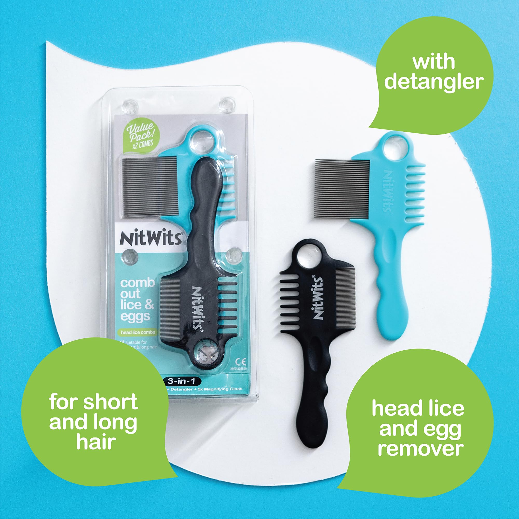NitWits Head Lice & Egg Comb 2 Pack, 3-in-1 Lice Comb, Detangles, Removes Lice & Eggs and Includes 5x Magnifying Glass