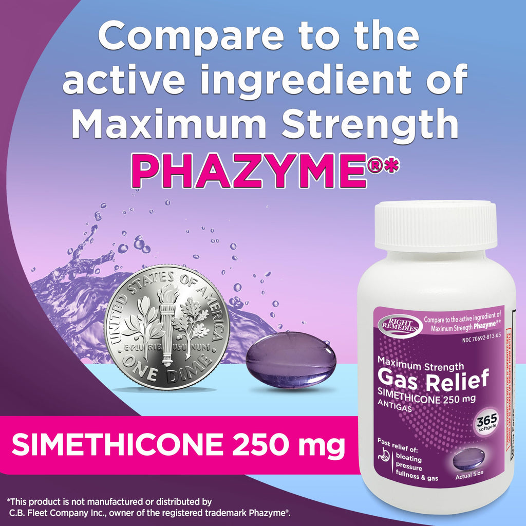 RIGHT REMEDIES Gas Relief Maximum Strength, Simethicone 250 mg, (365 Softgels), Fast Relief from Gas, Bloating, Fullness, Painfu
