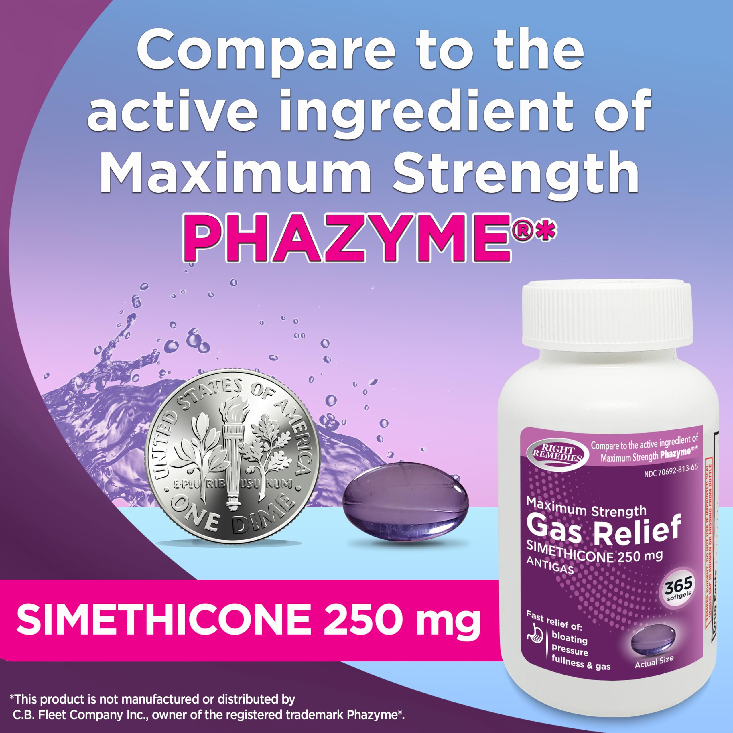 RIGHT REMEDIES Gas Relief Maximum Strength, Simethicone 250 mg, (365 Softgels), Fast Relief from Gas, Bloating, Fullness, Painfu