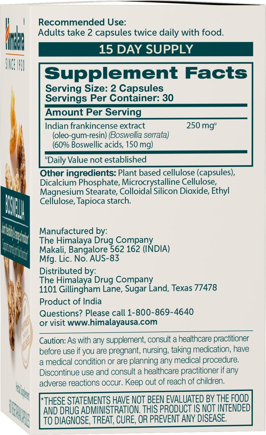 Himalaya Boswellia, Joint Support for Mobility and Flexibility, Promotes Tissue Preservation, 250 mg, 60 Capsules, 1 Month Suppl