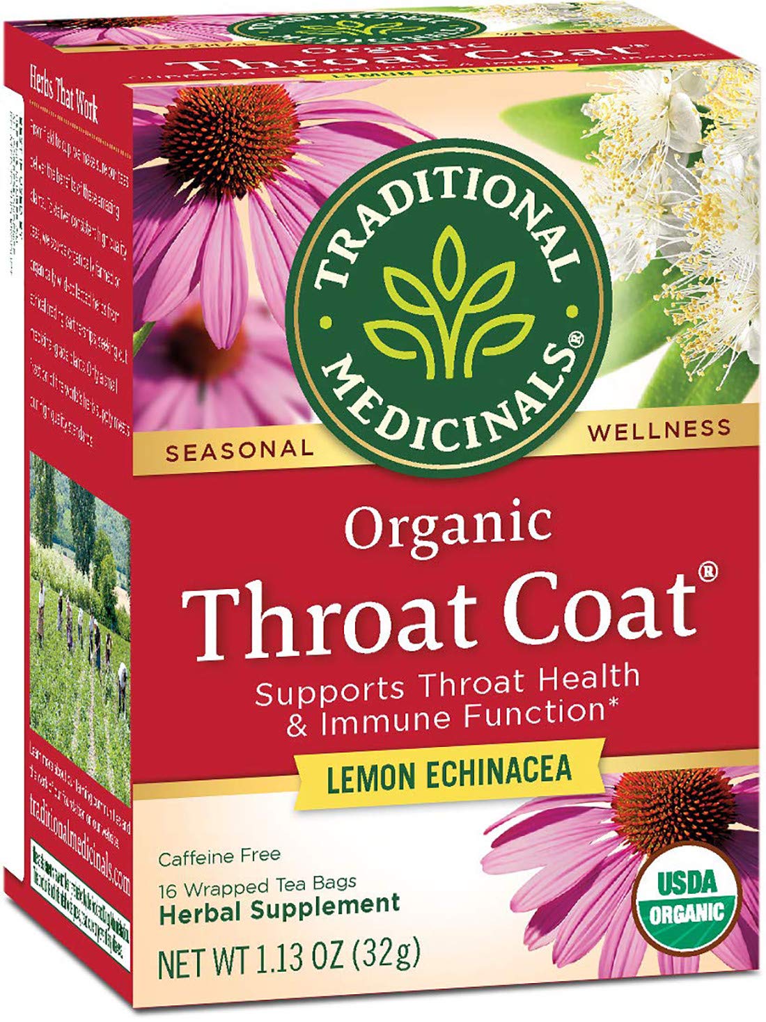 Traditional Medicinals Organic Coat Lemon Echinacea Seasonal Tea, Supports Throat Health & Immune Function, 16 Count, (Pack of 1