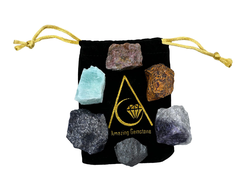 Crystals for Quit Alcohol Manifestation, Set of 6 Amazonite, Blue Aventurine, Hematite, Rhodonite, Mariyam Jasper and Lepidolite