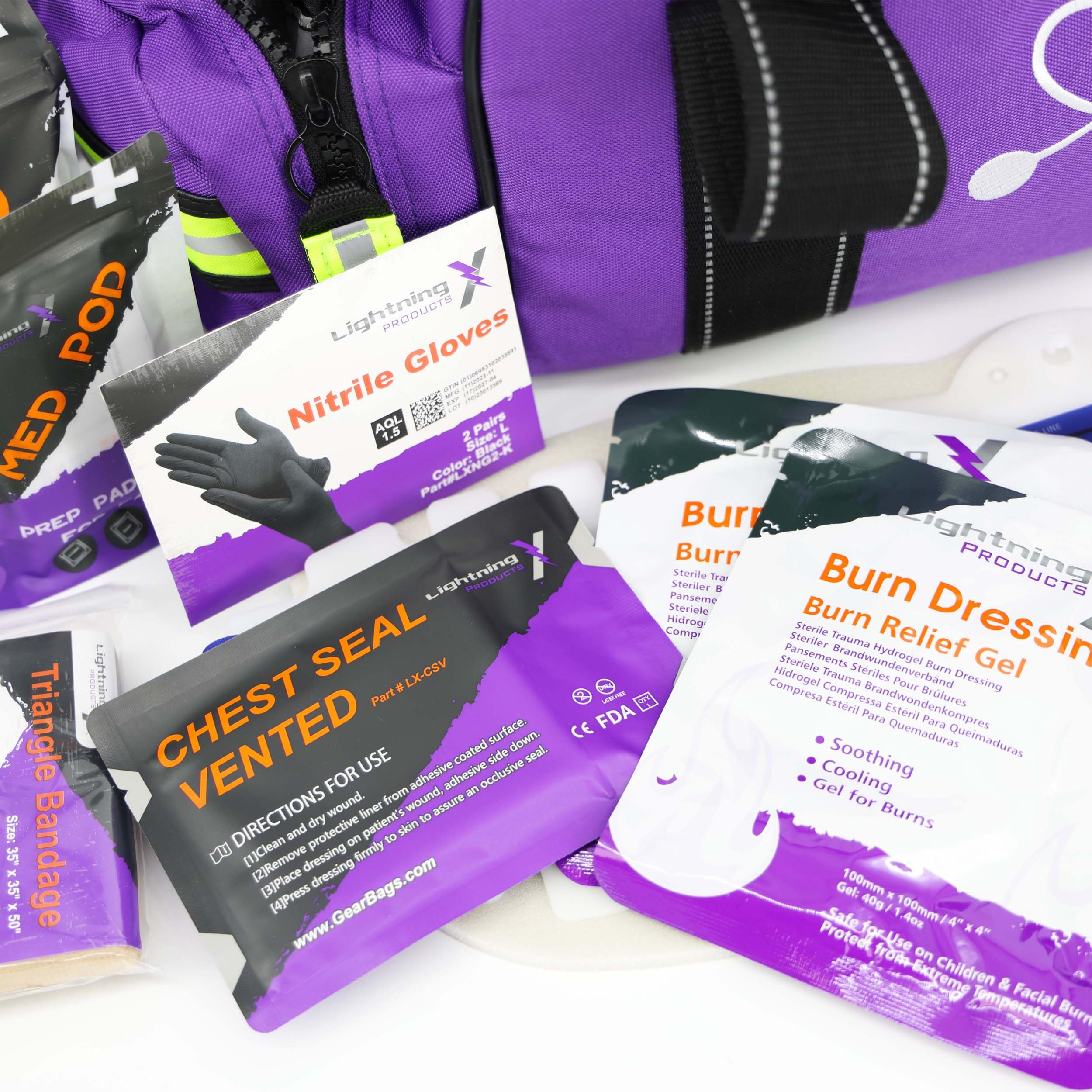 Lightning X Pre-Stocked EMS/EMT Trauma Kit w/Large First Responder Bag & 256 First Aid Medical Supplies - Purple