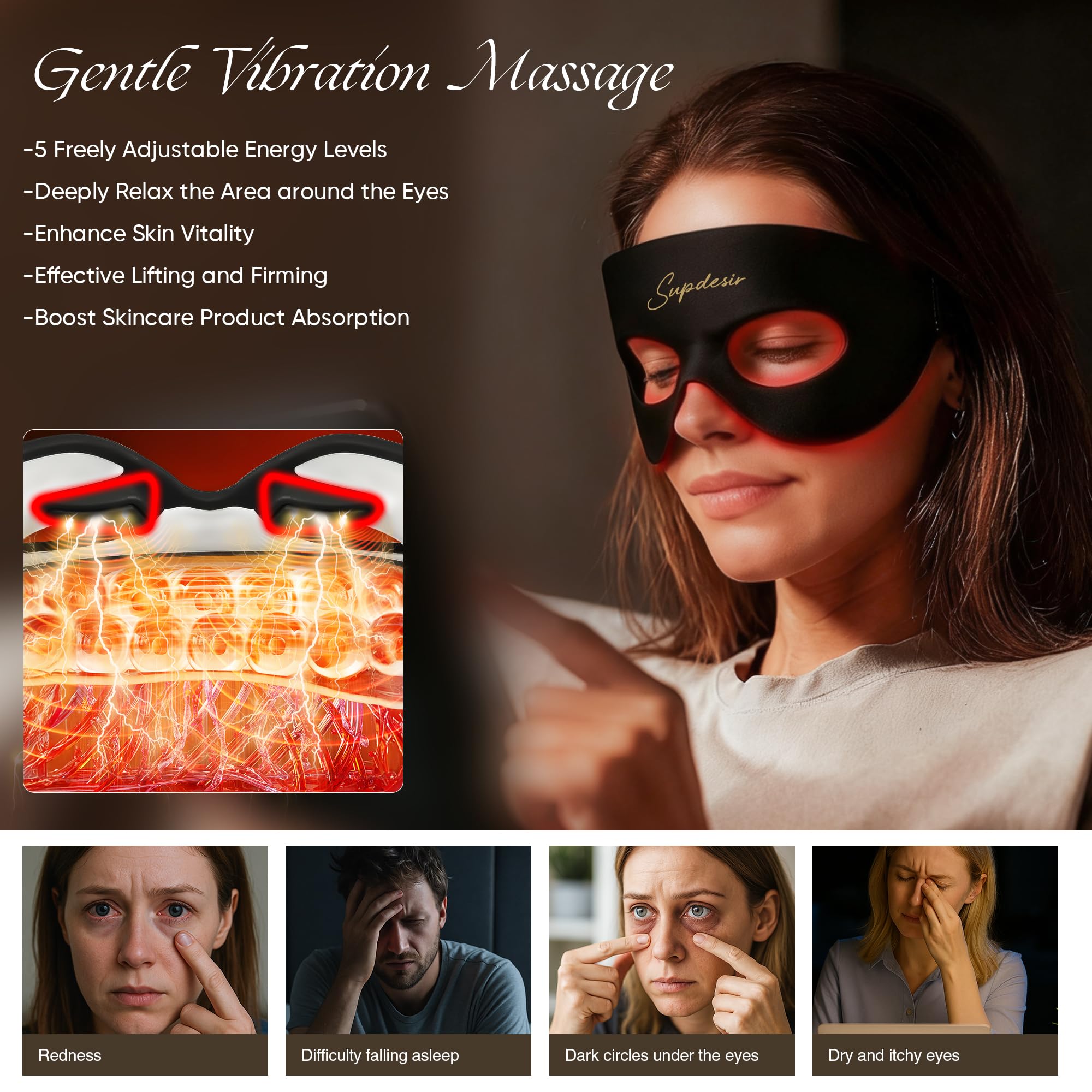 Red Light Therapy for Eyes, 8-in-1 LED Light Therapy & 5-Level Gentle Vibration Massage, Under Eye Red Light Therapy